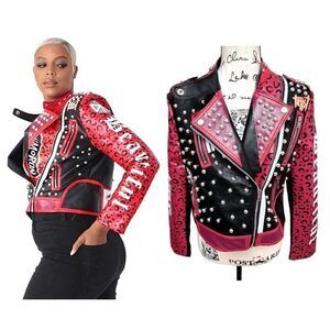🤘 Punk Rock Graffiti Pattern Faux Leather Rivet Studded Moto Biker Jacket S NWT